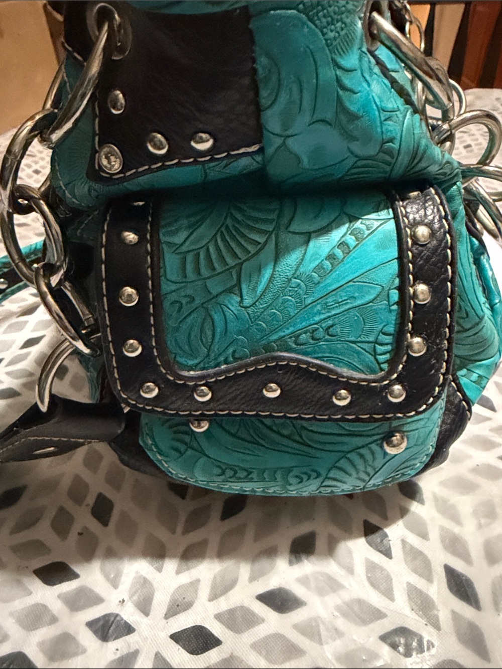 Mountain West Turquoise and Black Western Studded Tote Bag - Picture 2 of 7